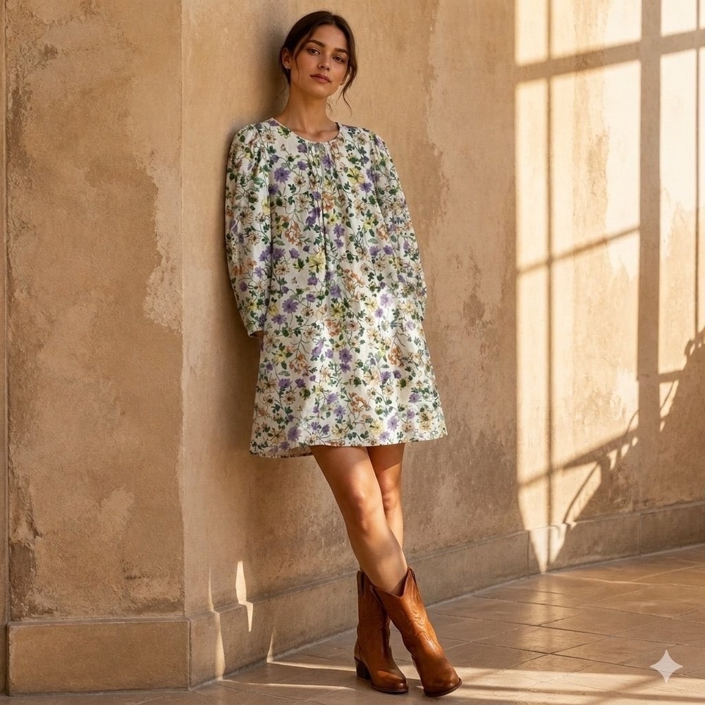 NWT Loft Floral Linen Blend Puff Sleeve Shift Mini Dress 12 Boho Western Chic